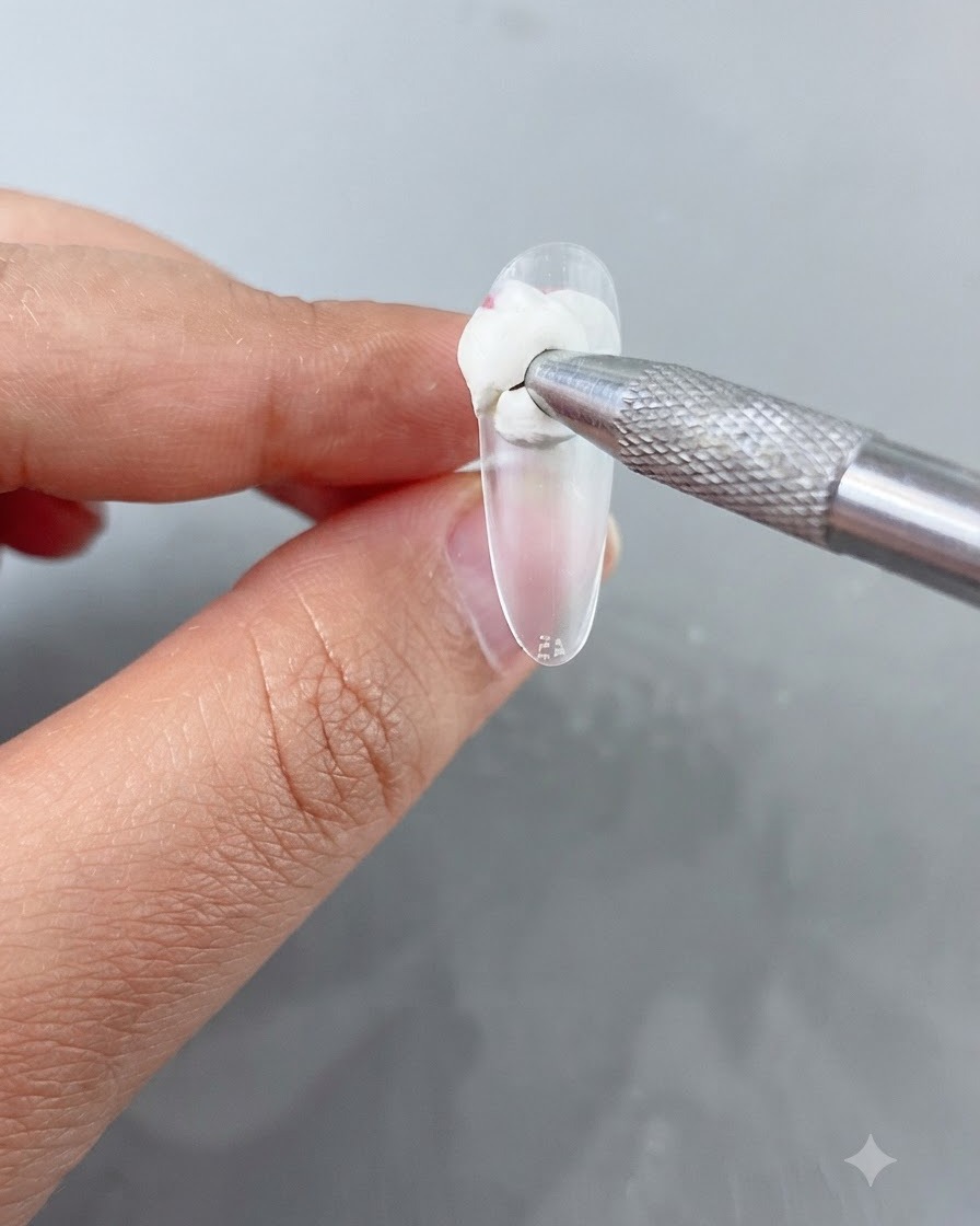 Una vista de cerca de una herramienta metálica aplicando gel de construcción blanco en el borde libre de una punta de uña transparente.