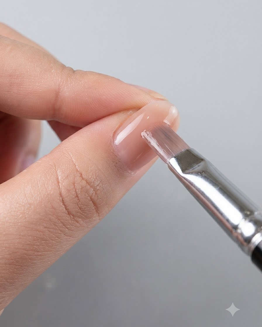 Un pincel de uñas aplicando uniformemente gel jelly rosa nude translúcido sobre una uña.