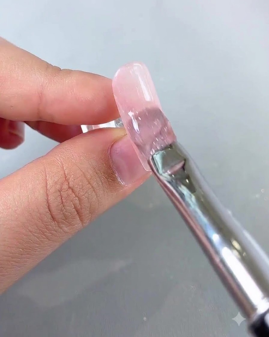 Un pincel deslizando un gel cat-eye translúcido y brillante sobre una base de uña rosa.