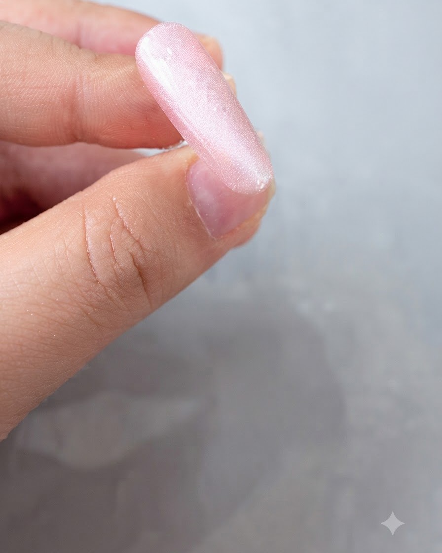 Un primer plano de una uña rosa que muestra un reflejo concentrado y brillante de cuenta de vidrio cat-eye.