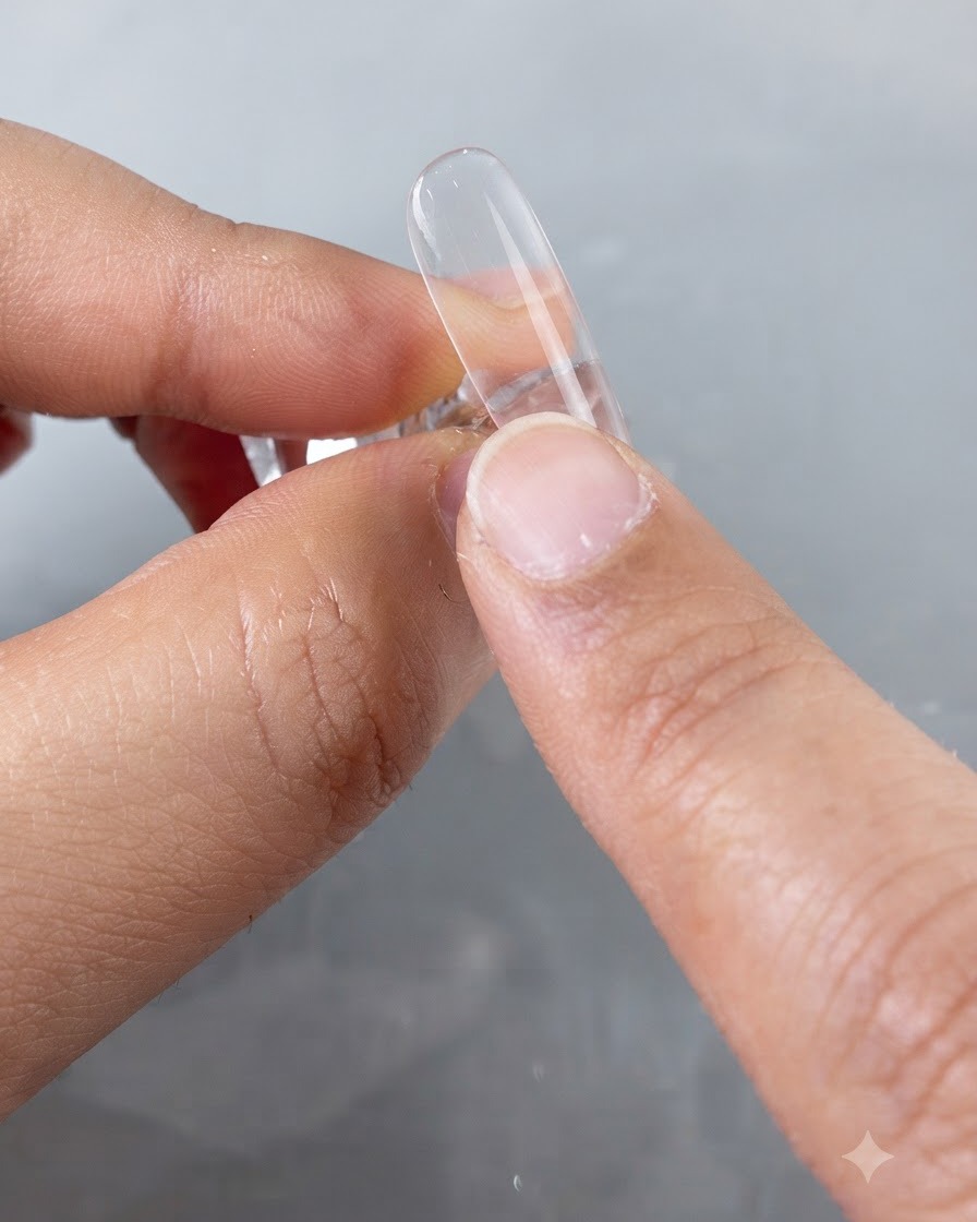 Un dedo comprobando el perfil lateral de un molde de uña transparente para asegurar una superficie lisa.