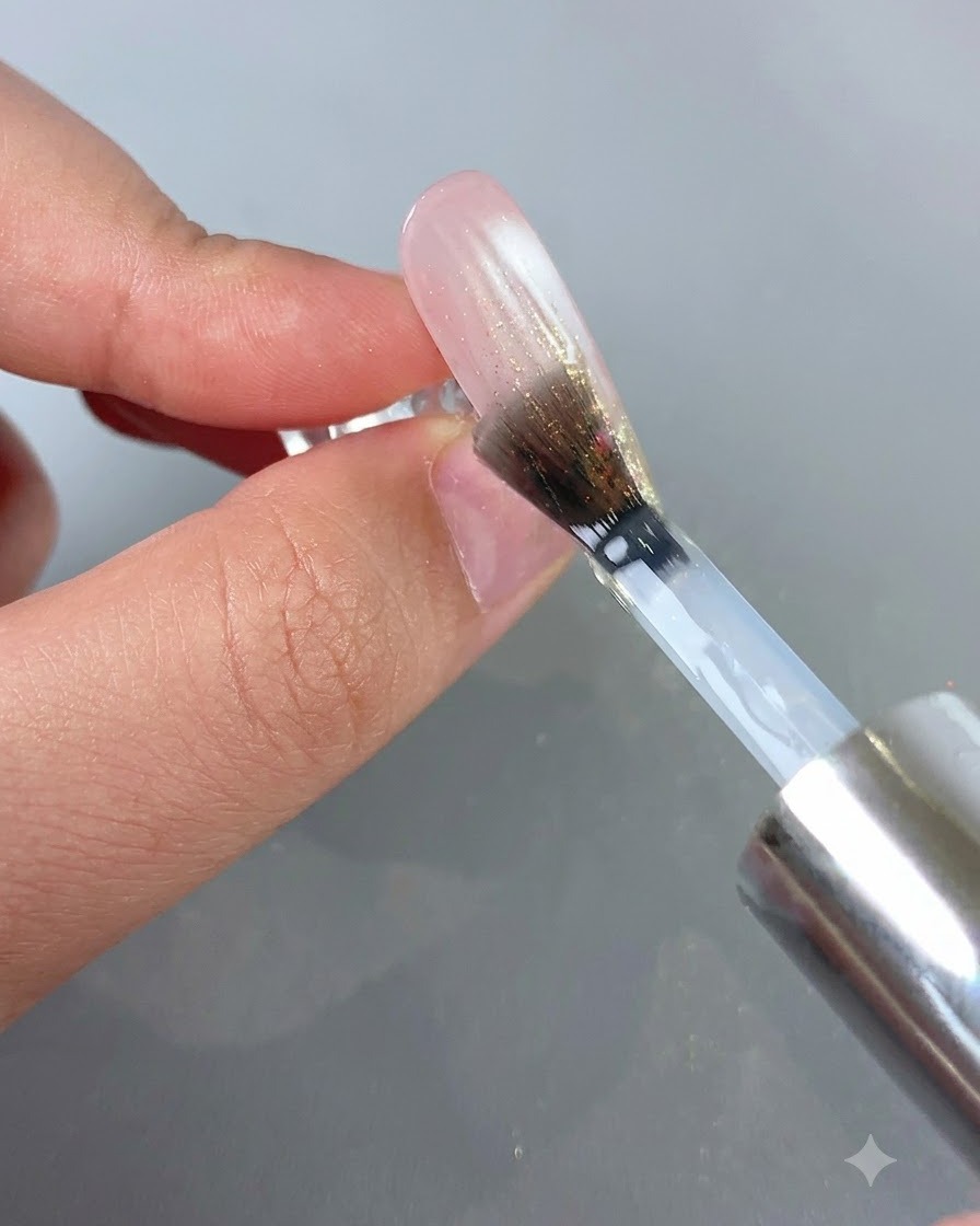 Un pincel de uñas aplicando un top coat transparente sobre un diseño de uñas ombré y con brillo.