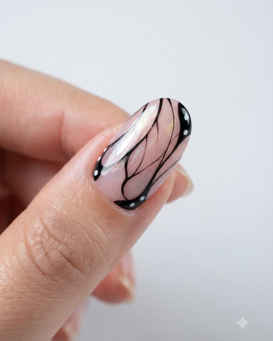 Una uña terminada que muestra un complejo trabajo de líneas de alas de mariposa en blanco y negro sobre una base cat-eye aurora.