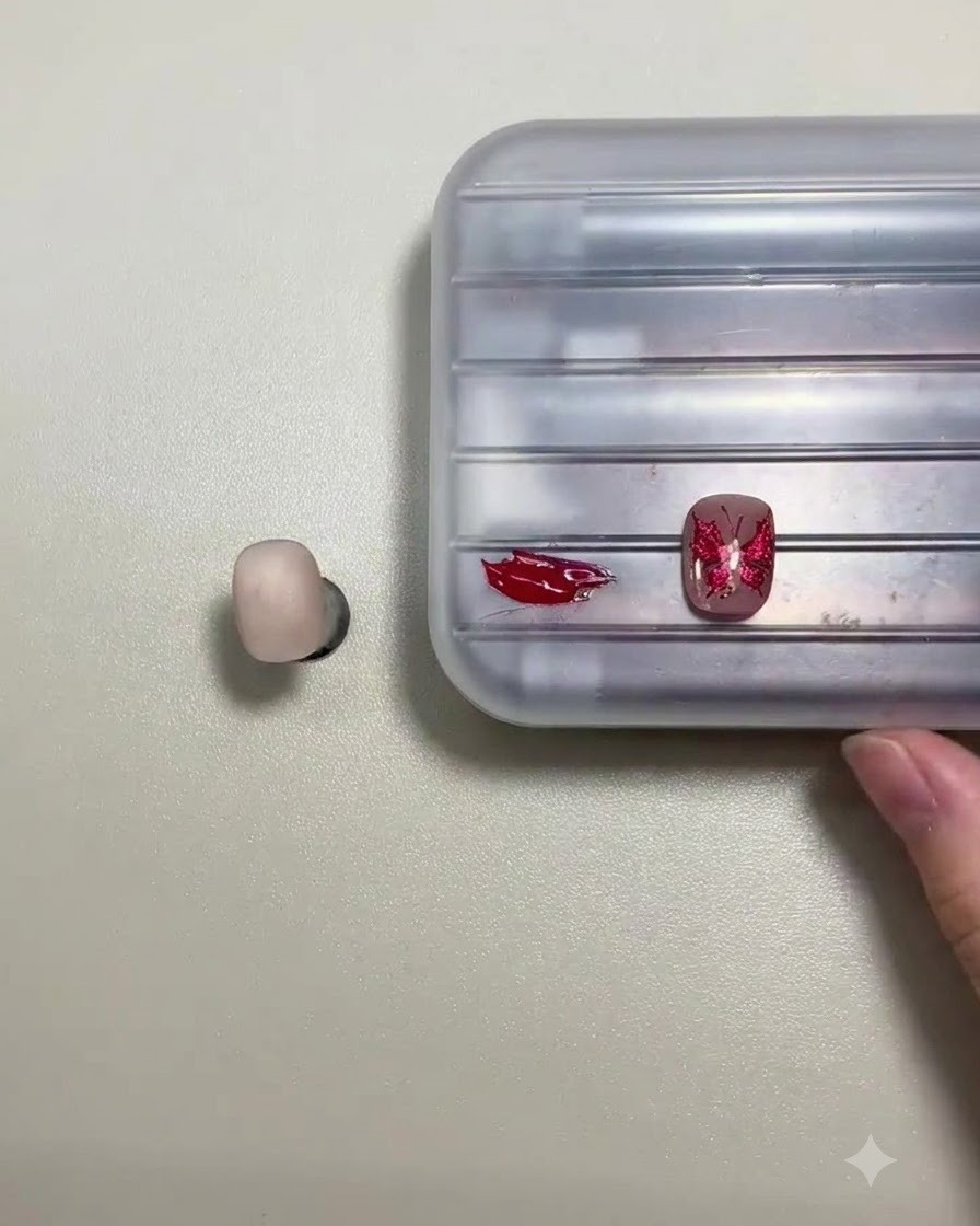 Primer plano de un pincel de uñas cargando gel rojo intenso desde una paleta de mezcla junto a una uña decorada.