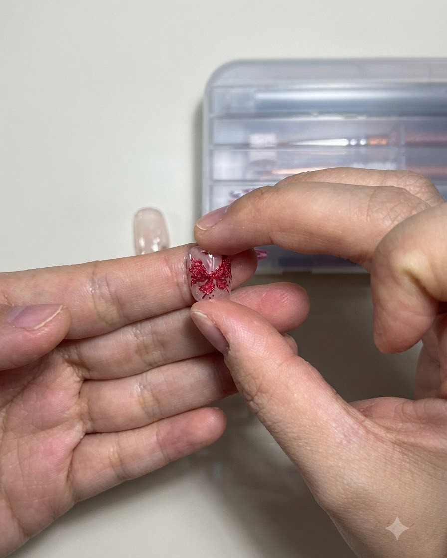 Primer plano de una mano sosteniendo una punta de uña con un contorno detallado de mariposa con brillo rojo.