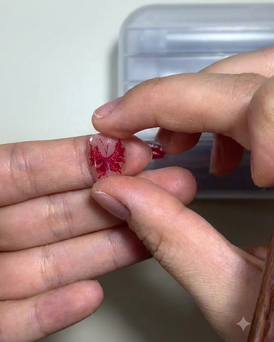 Un pincel suave barriendo suavemente a través de un diseño de uña de mariposa roja curada para limpiar partículas sueltas.