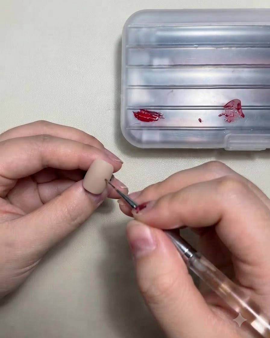Un pincel delineador aplicando gel rojo sobre la superficie de una uña de práctica de color nude.