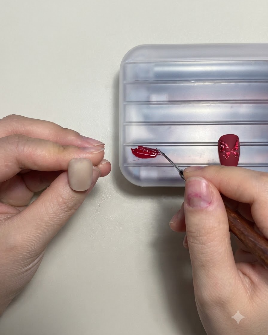 Un pincel aplicando una capa superior brillante sobre un diseño de arte de uñas de mariposa completado.