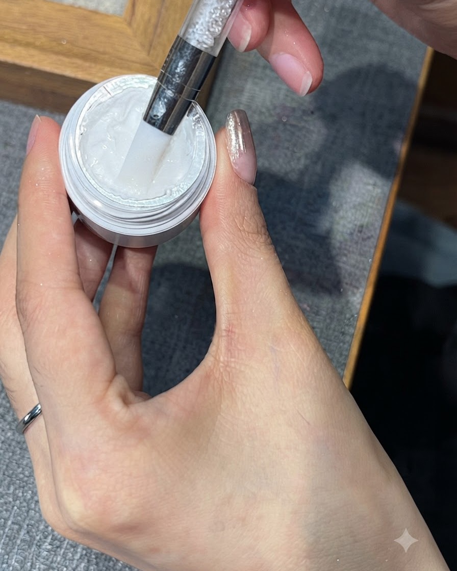 Una herramienta tomando una pequeña cantidad de gel de estampado blanco de su frasco.