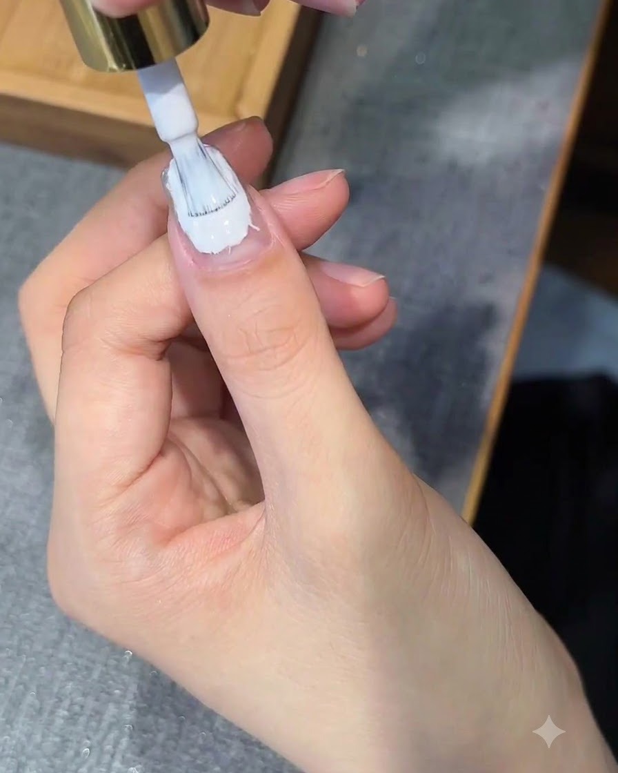 Un pincel de uñas aplicando una capa superior transparente sobre una uña decorada.