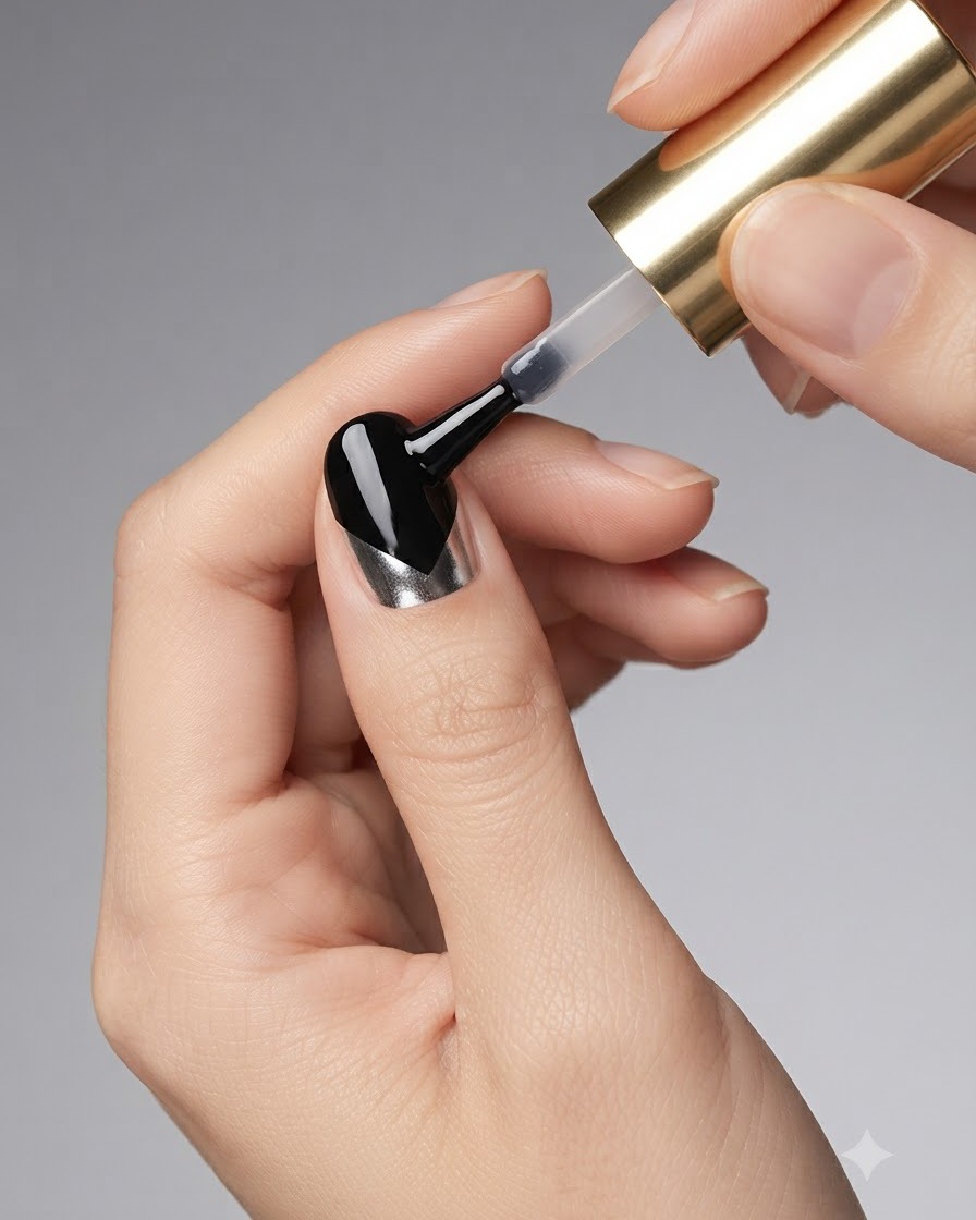 Una mano manicurada con la capa superior curándose bajo una lámpara de uñas UV o LED.