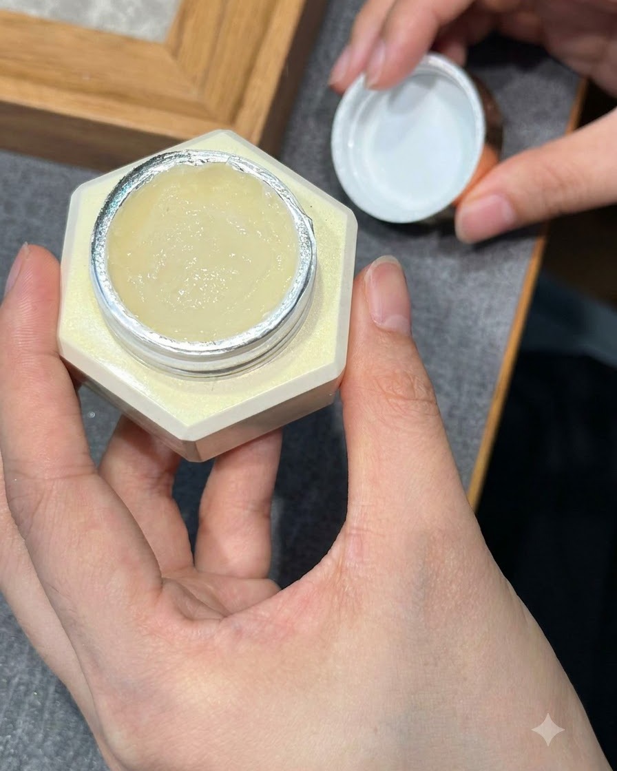 Un puntero recogiendo una pequeña pedrería transparente de un frasco de adornos para arte de uñas.