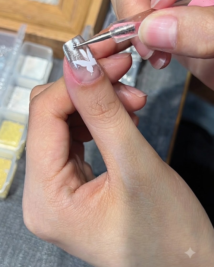 Un puntero colocando una pequeña pedrería sobre una uña que presenta un diseño de mariposa blanca.