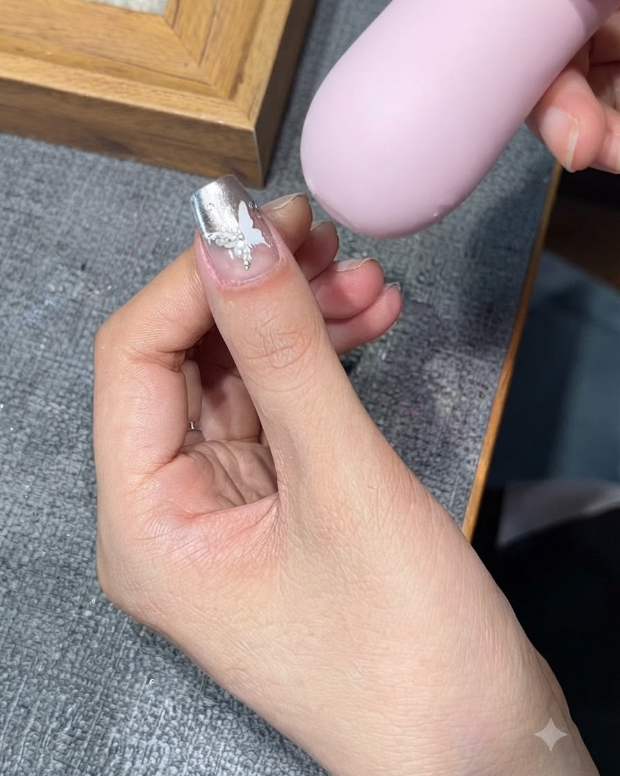 Una mano manicurada sosteniendo una uña bajo una lámpara de curado UV/LED rosa.