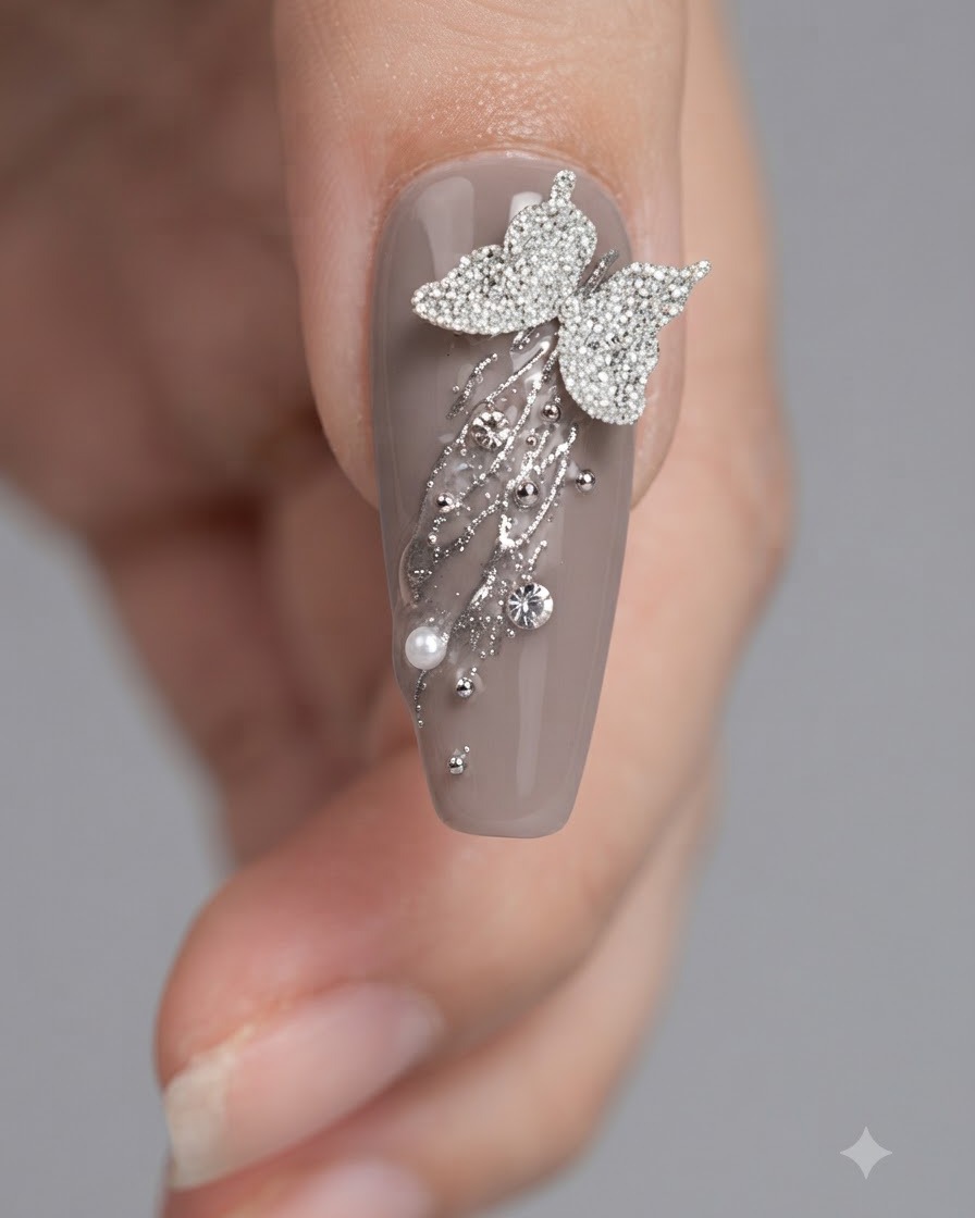 Un primer plano de un pincel de uñas aplicando esmalte superior alrededor de decoraciones de mariposa y pedrería en una uña gris.