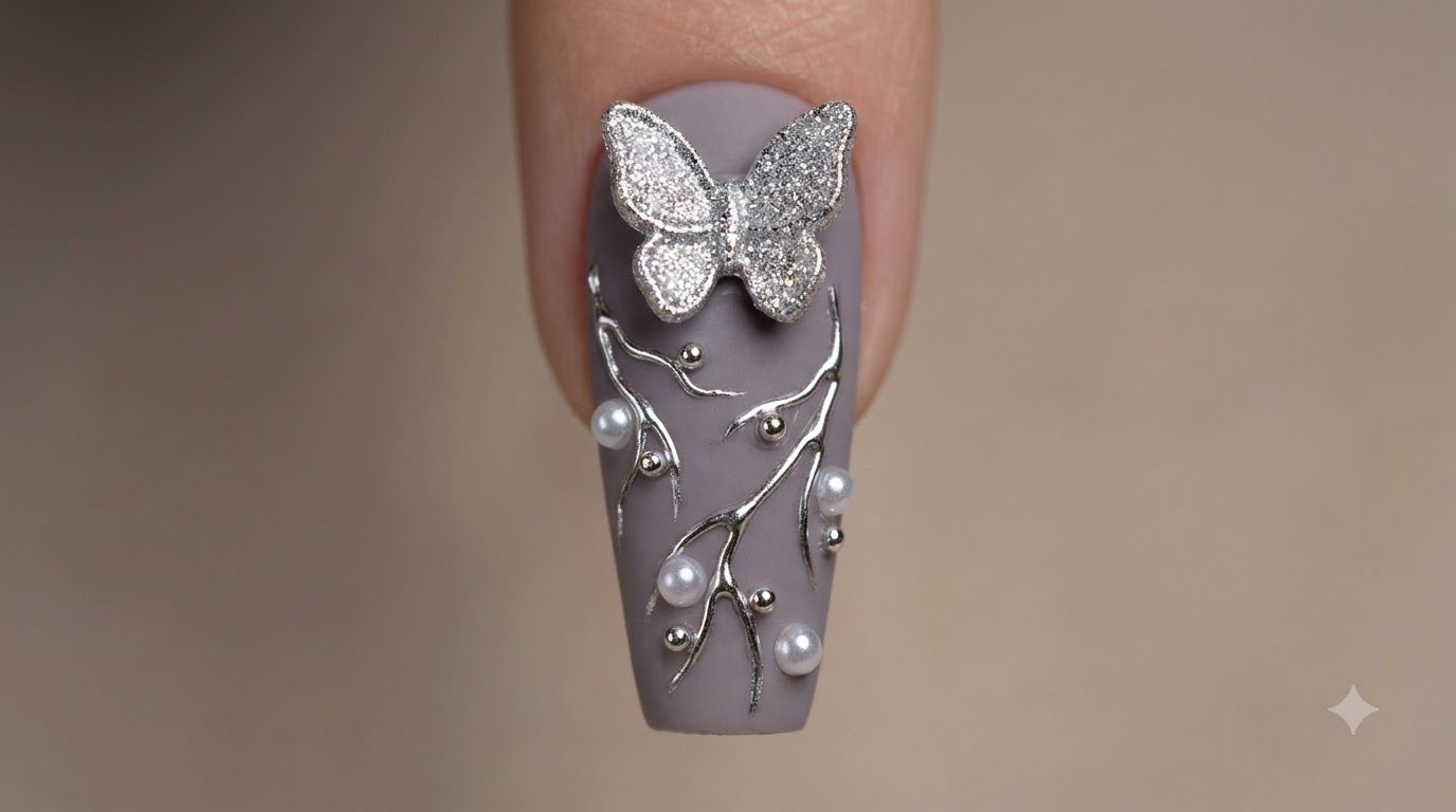 Diseño de Uñas con Mariposa Plateada y Estilo Estelar — Tutorial 3D con Pedrería y Efecto Espejo