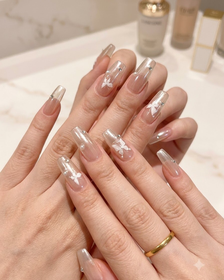 Fotografía macro de manos con manicura que resalta intrincados dijes de cristal y arte de uñas de mariposa.