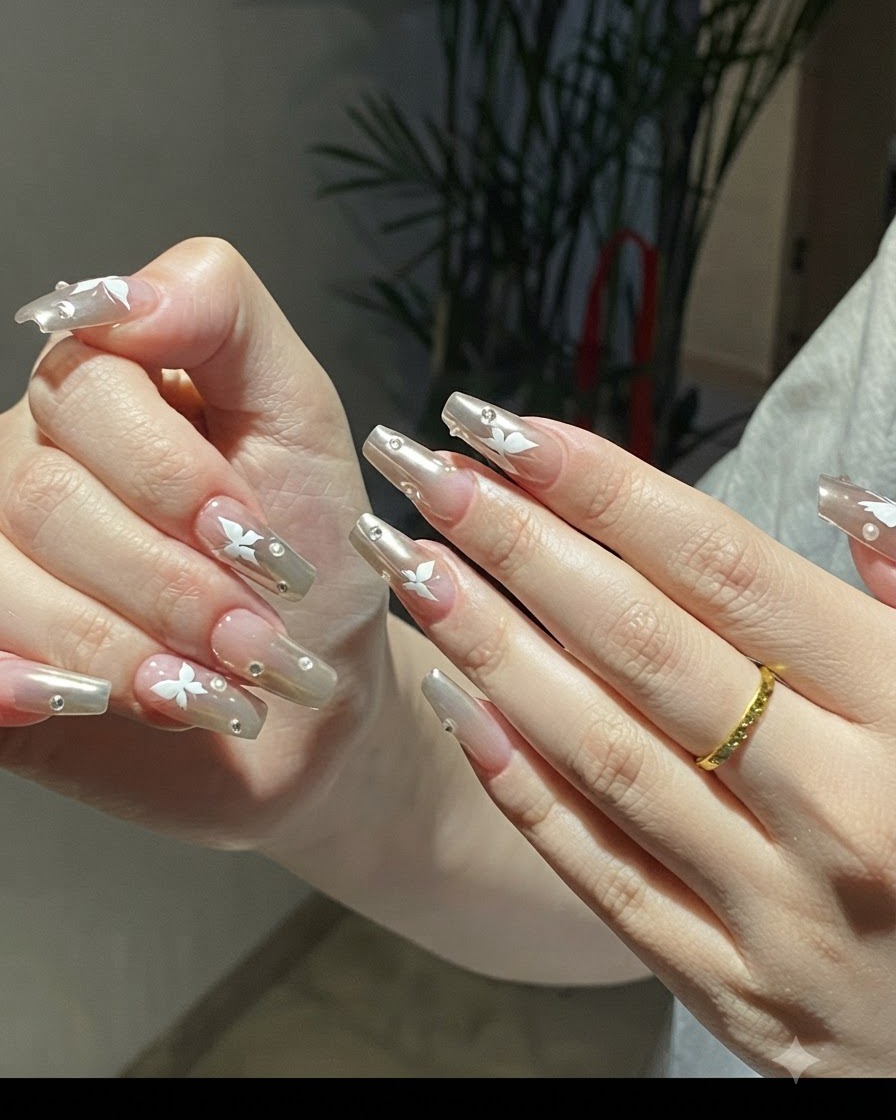 Una vista de cerca de las manos girando suavemente para revelar la profundidad reflectante de las uñas de cromo plateado adornadas con mariposas blancas.