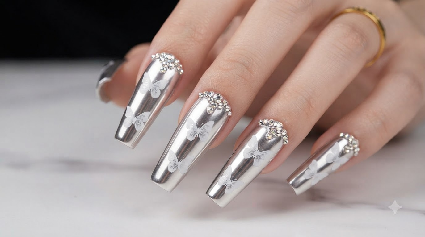 Uñas de Espejo Plateadas con Efecto Mariposa — Tutorial Paso a Paso