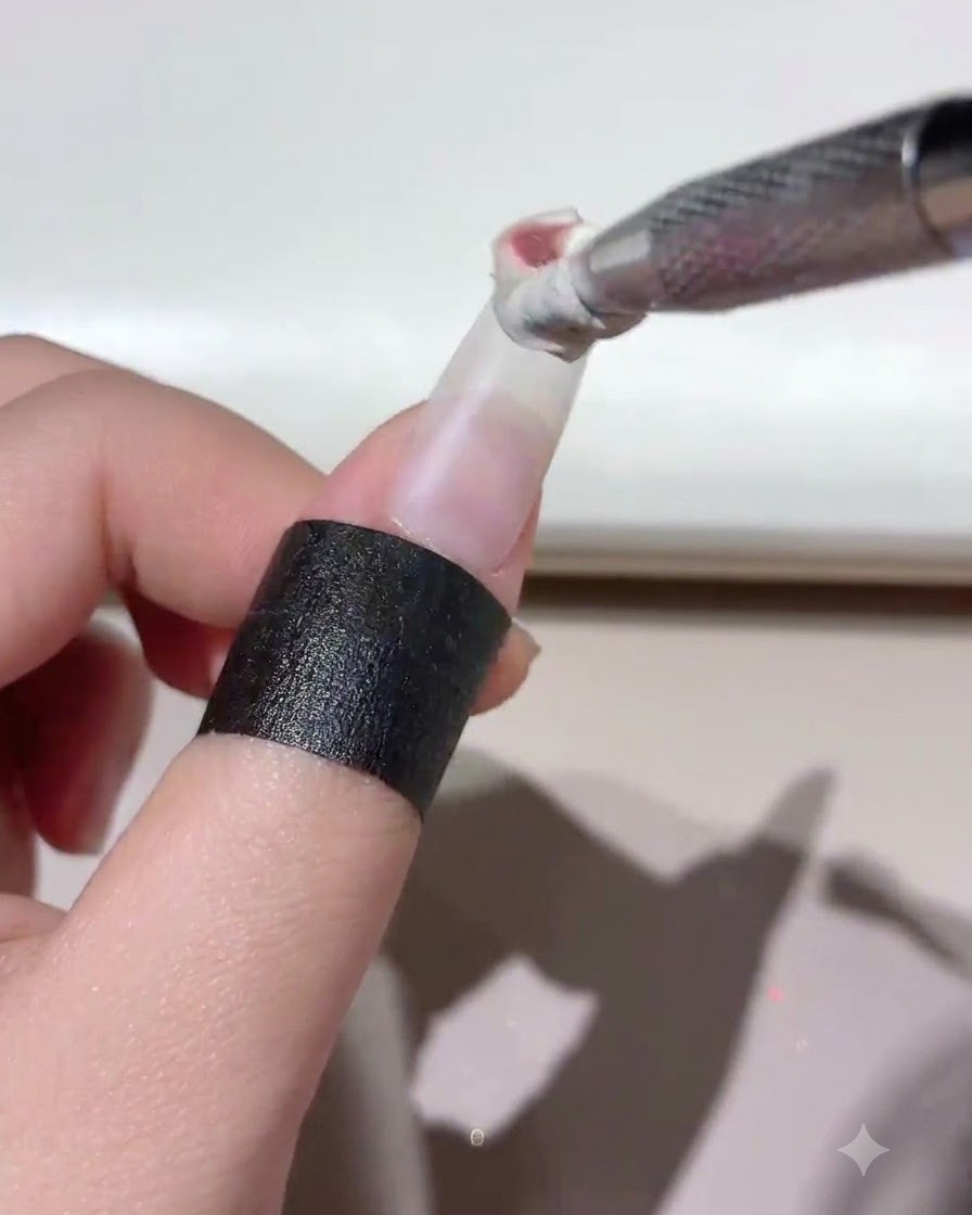 Una herramienta de uñas aplicando producto de gel blanco a lo largo de la línea inferior de la cutícula de una extensión de uña transparente.