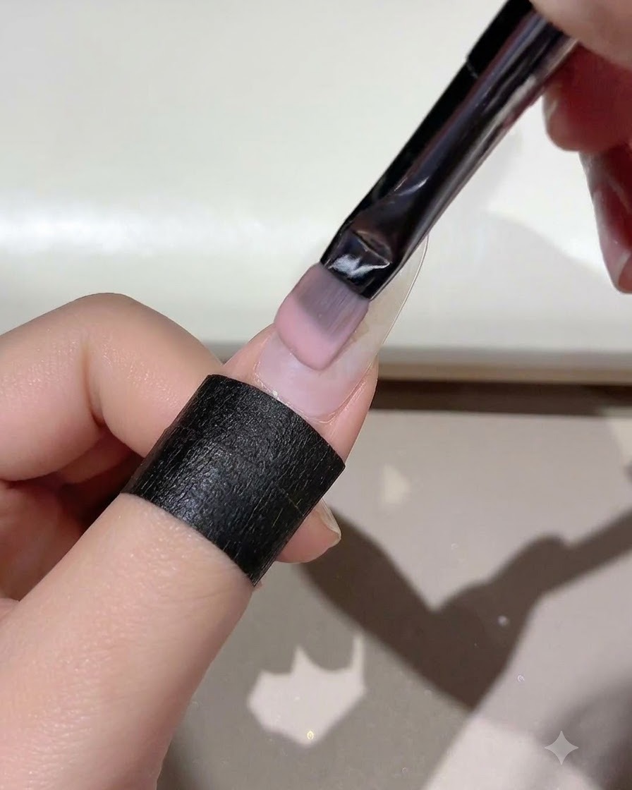 Un pincel aplicando uniformemente gel rosado Jade D05 sobre toda la superficie de la uña.