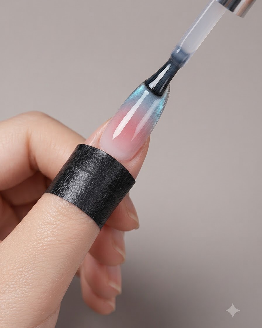 Un pincel de uñas aplicando una capa superior transparente y brillante sobre una manicura francesa de ojo de gato terminada.