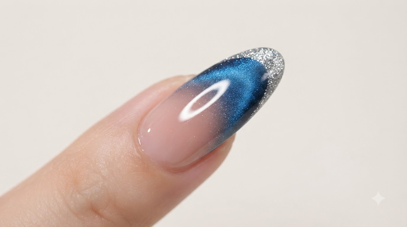 Uñas de Ojo de Gato Diamante Azul con Estilo Francés — Tutorial Paso a Paso