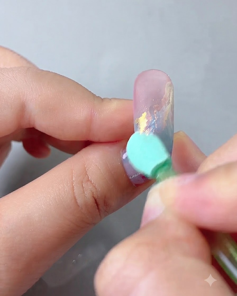 Una esponja aplicadora frotando polvo de espejo mágico aurora sobre la superficie de la uña decorada.