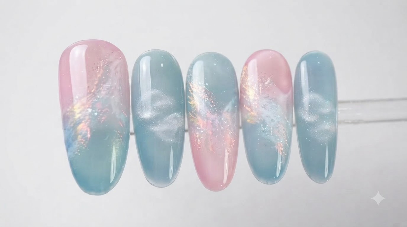 Arte de Uñas con Gradiente de Nubes Rosas y Azules y Efecto Ojo de Gato — Tutorial Paso a Paso