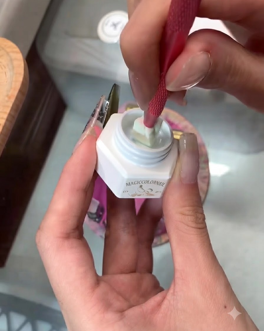 Un pincel de manicura aplicando gel blanco nieve sobre la punta de una uña postiza de exhibición.