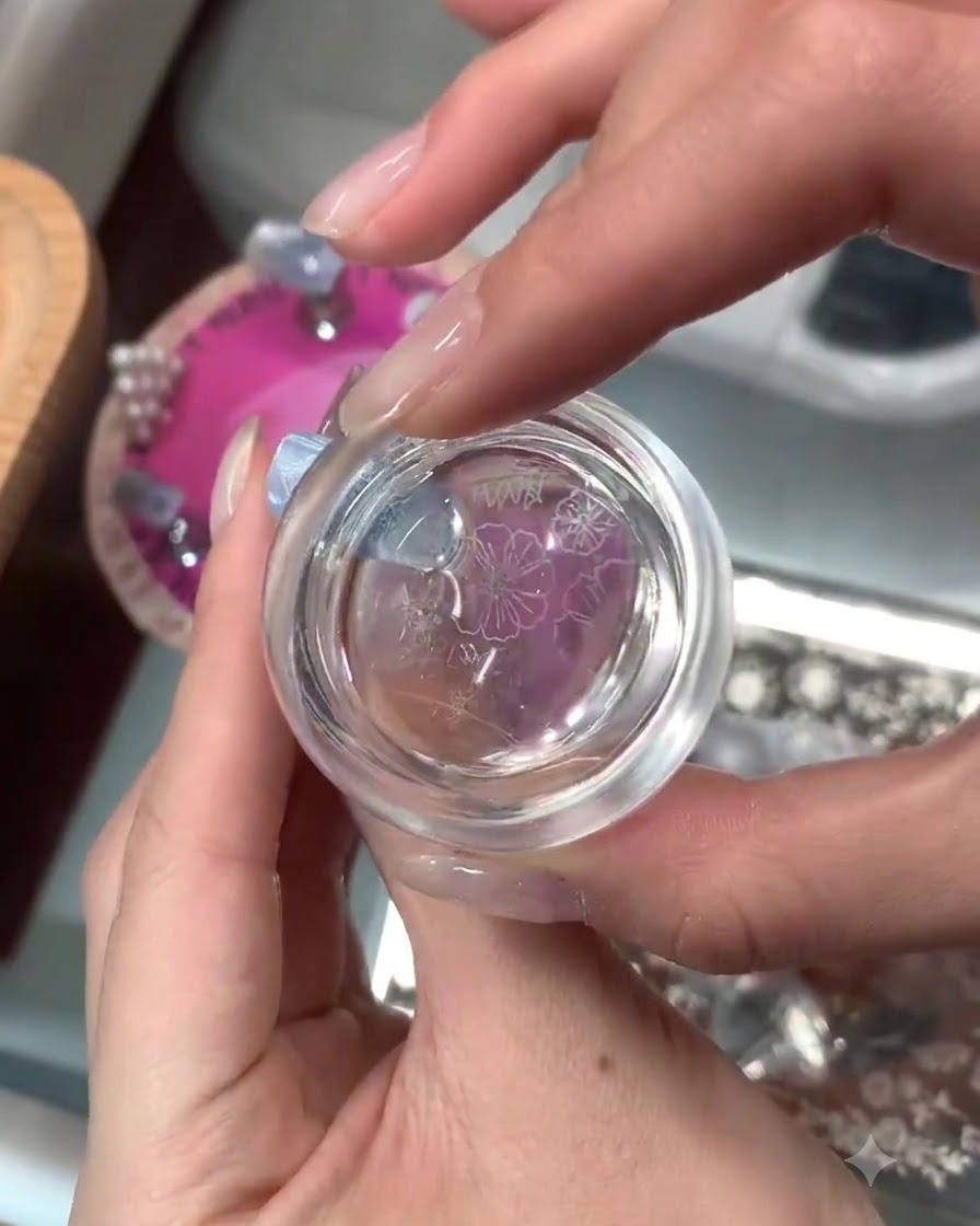 Mirando hacia abajo en un sello de silicona transparente que muestra patrones florales blancos transferidos listos para la aplicación en la uña.