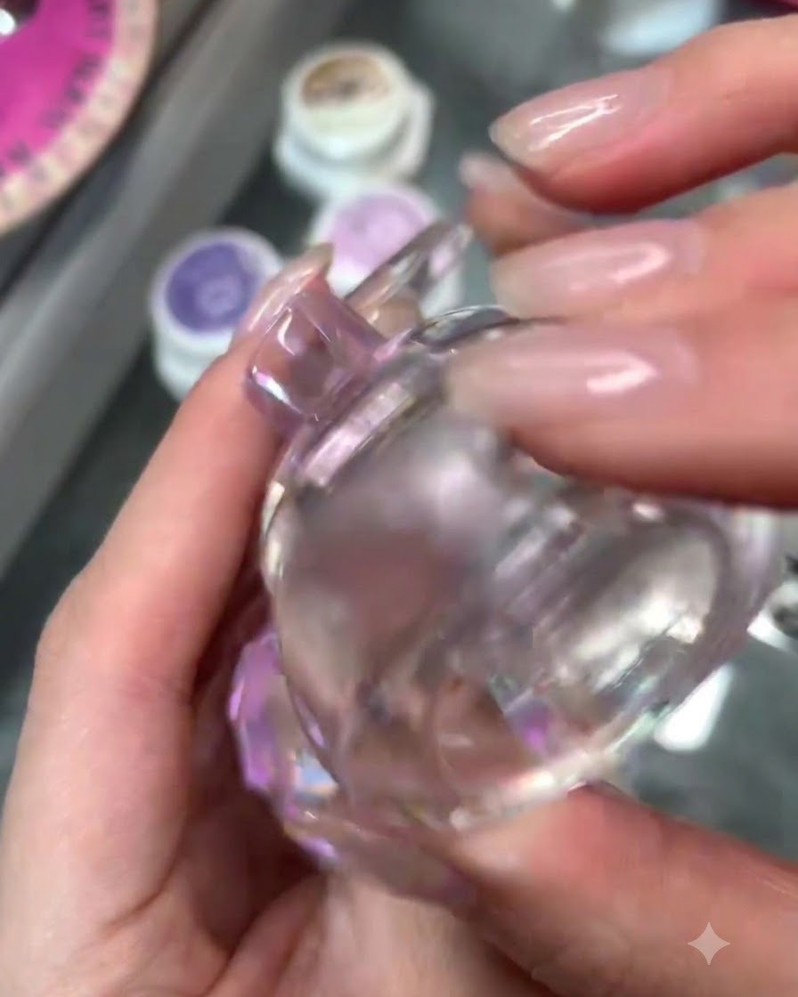Un primer plano de una mano sosteniendo una herramienta de sello de gelatina transparente para uñas, preparándose para presionar un diseño en una uña.