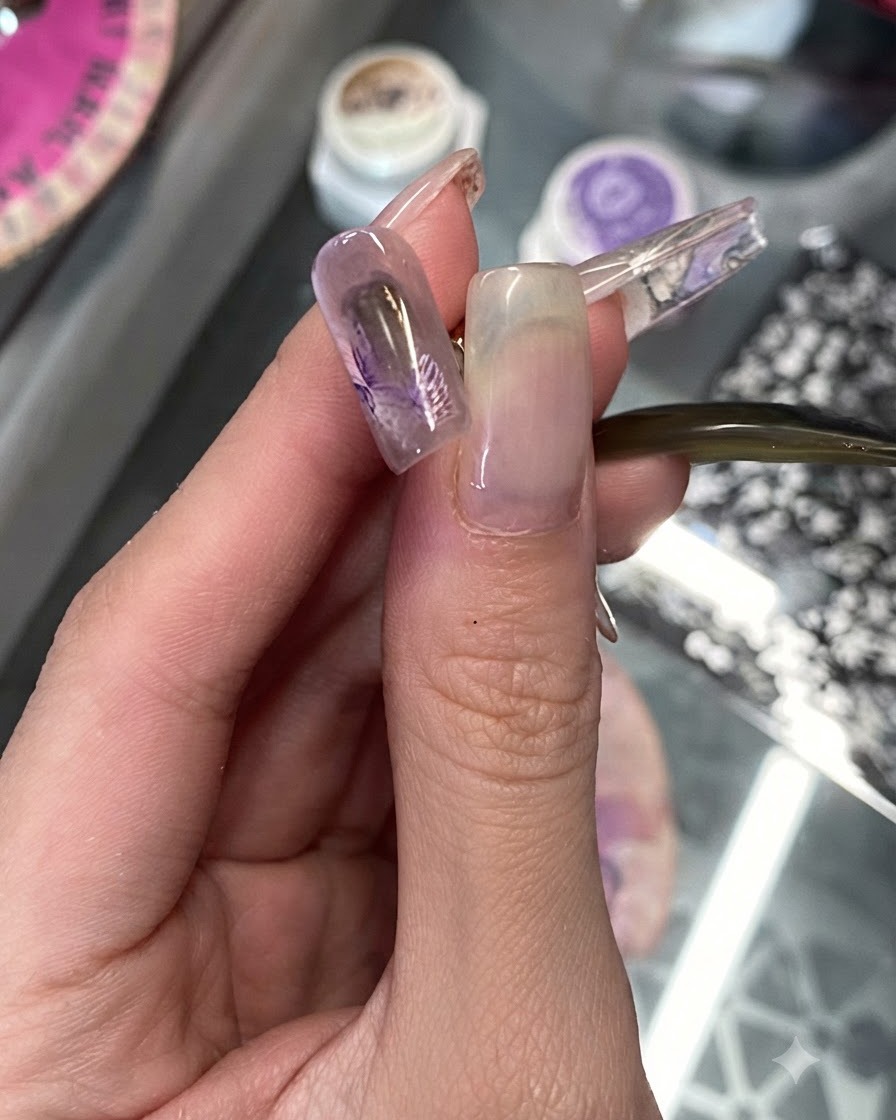 Un pincel fino que usa gel blanco nieve para trazar contornos delicados alrededor de los pétalos de un diseño de arte de uñas floral.