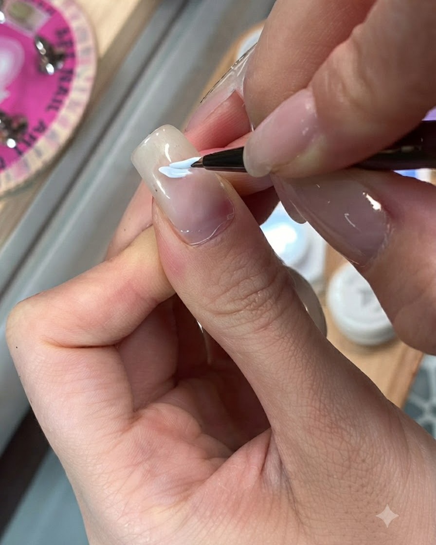 Un pincel aplicando una capa de gel ojo de gato rosa y púrpura sobre una base de uña con degradado nude.