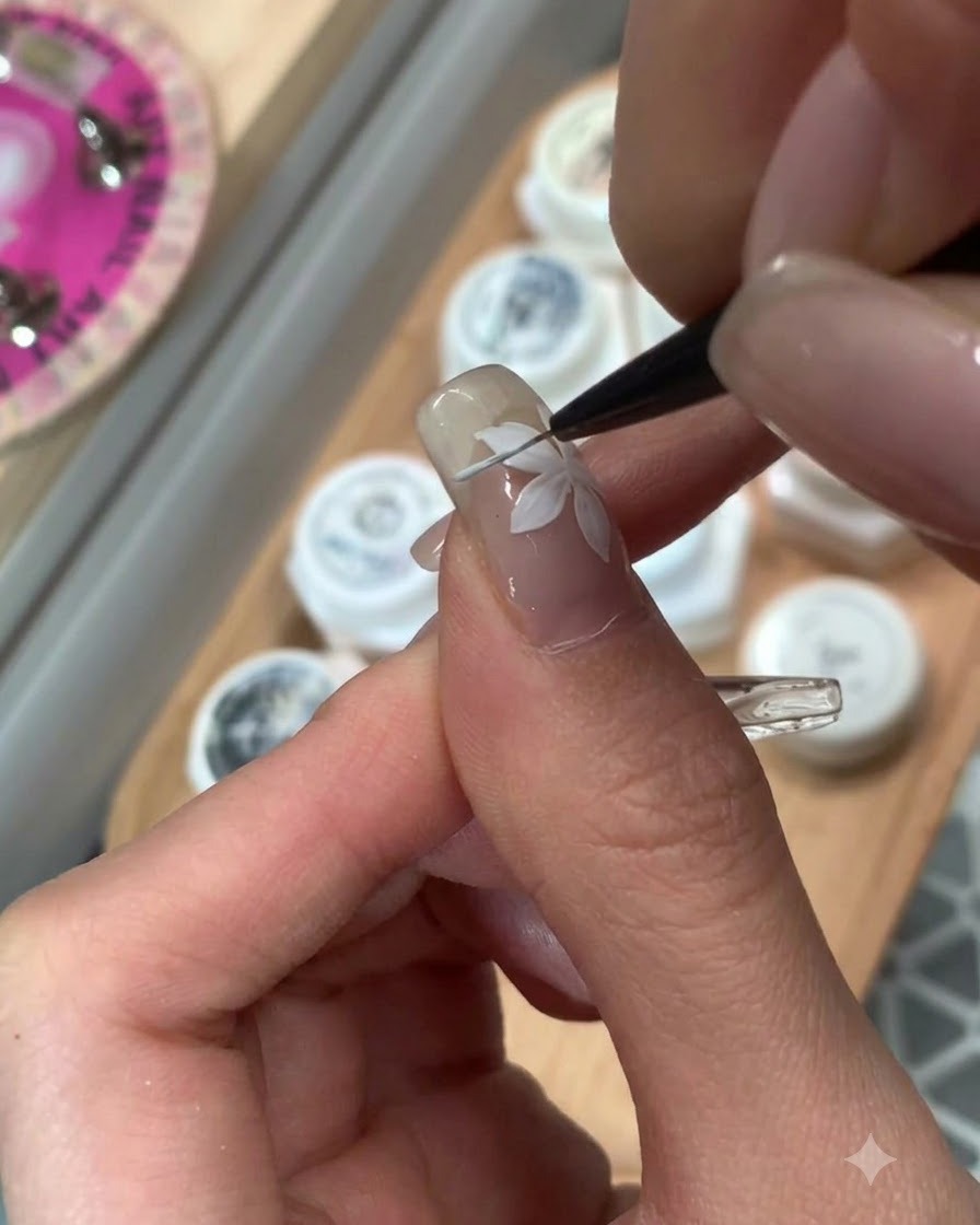Un pincel de uñas aplicando gel color cacao esmeralda en la uña del dedo índice.