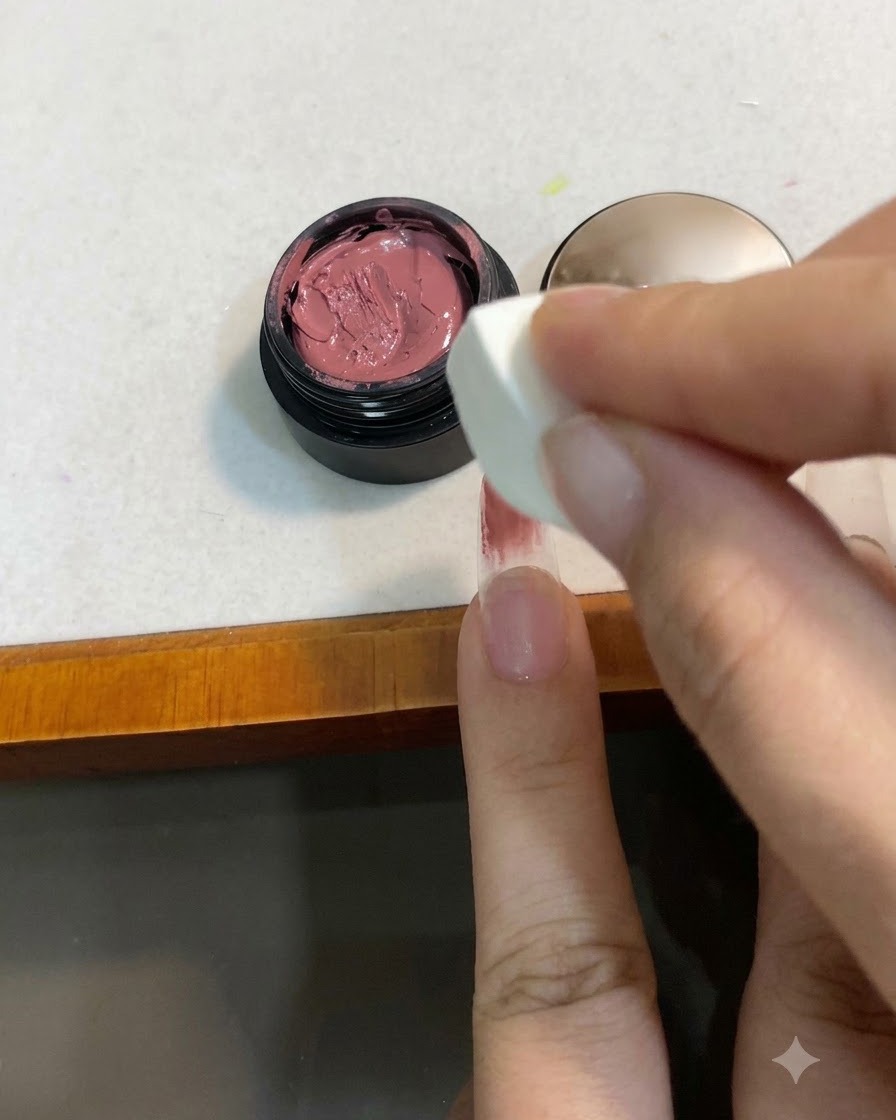 Un dedo colocado bajo una lámpara de curado de uñas UV/LED con luz morada.