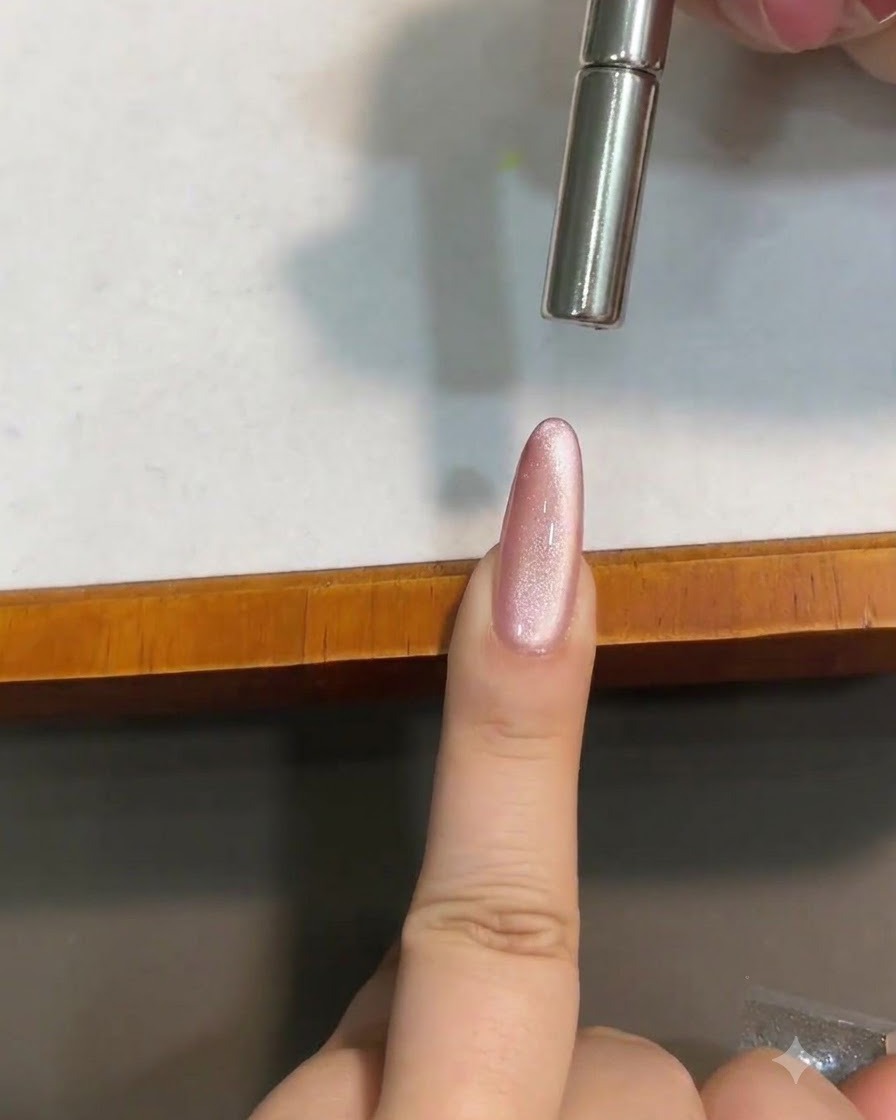 Un imán cilíndrico sostenido cerca y por encima de una uña de gel cat eye rosa brillante para moldear la franja de luz.