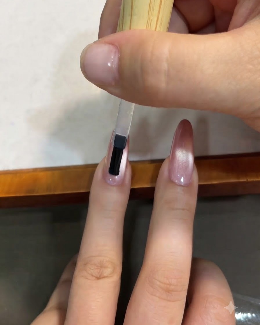 Un pincel aplicando una capa de brillo final transparente sobre una uña manicurada con degradado cat-eye rosa.