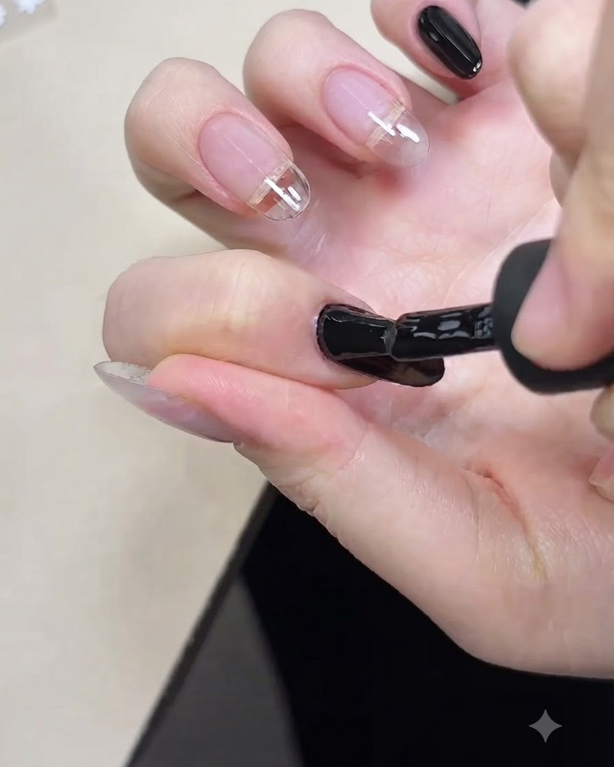 Un pincel de uñas aplicando gel de capa base negra sobre una uña.