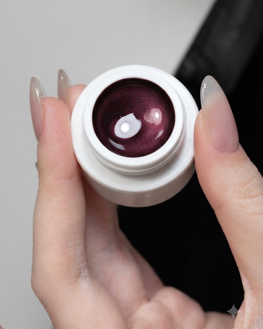 Un frasco abierto de gel de ojo de gato morado que muestra su rica textura brillante.