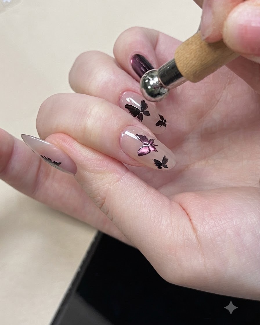 Un pincel aplicando una capa superior transparente sobre el nail art de mariposa morada terminado, alisando la superficie.