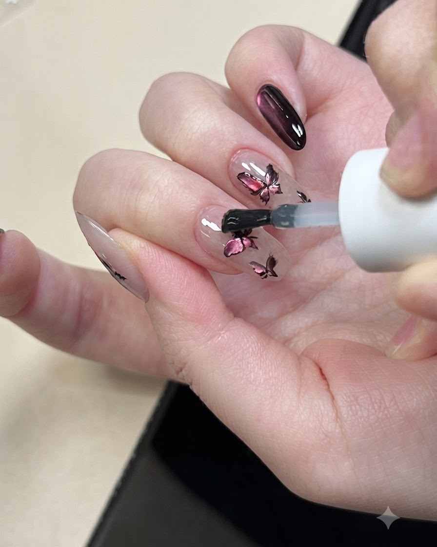 Un pincel delineador fino estirando un hilo de gel de telaraña para crear líneas decorativas finas sobre un diseño de uñas completado.