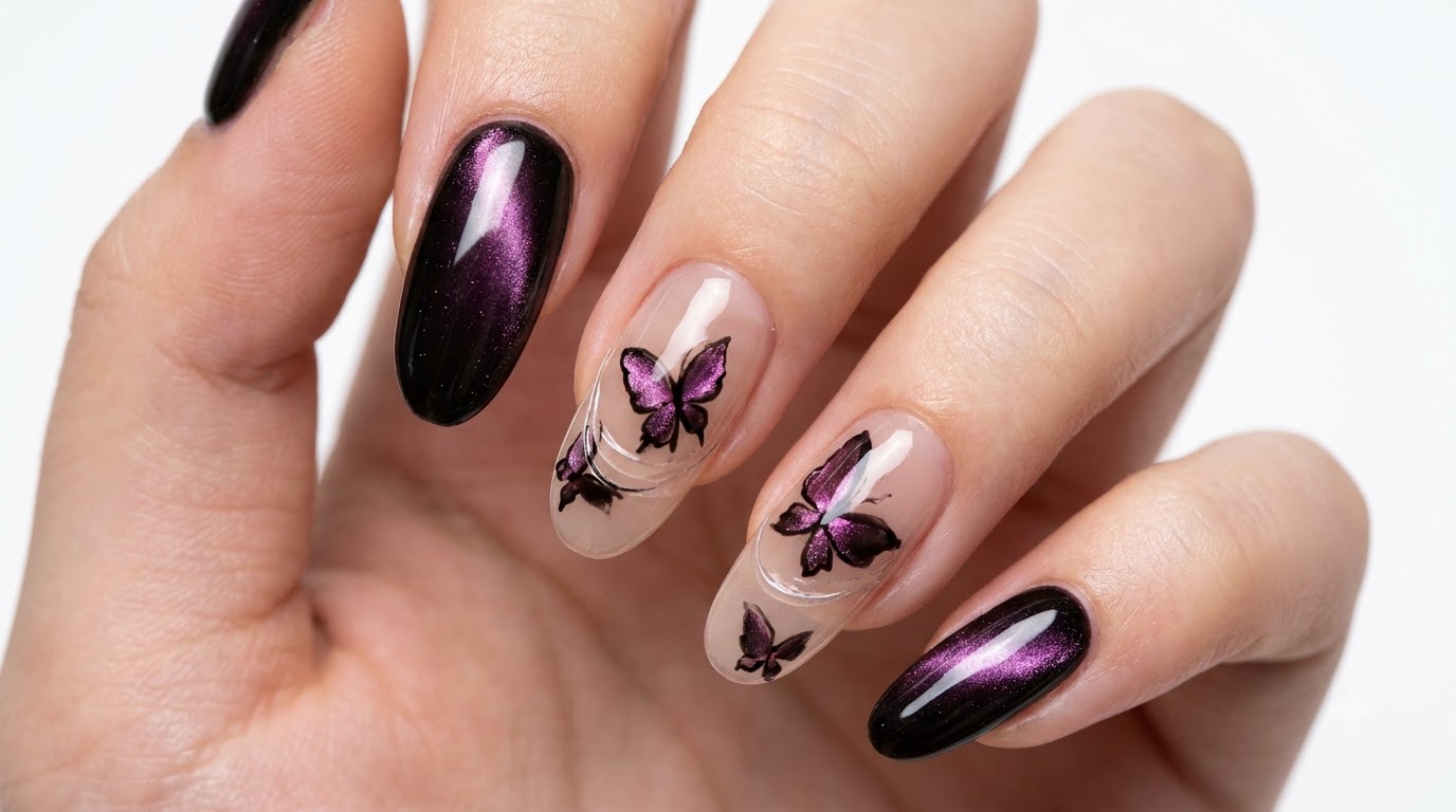Uñas de Mariposa Moradas con Efecto Ojo de Gato — Tutorial Paso a Paso