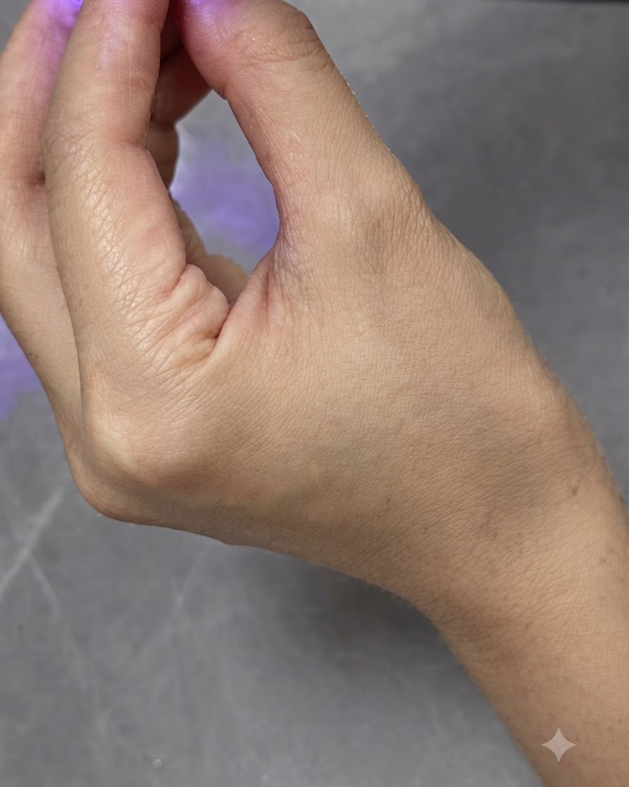 Eine kleine, tragbare UV-/LED-Lampe ist über einem Fingernagel positioniert, um Gellack auszuhärten.