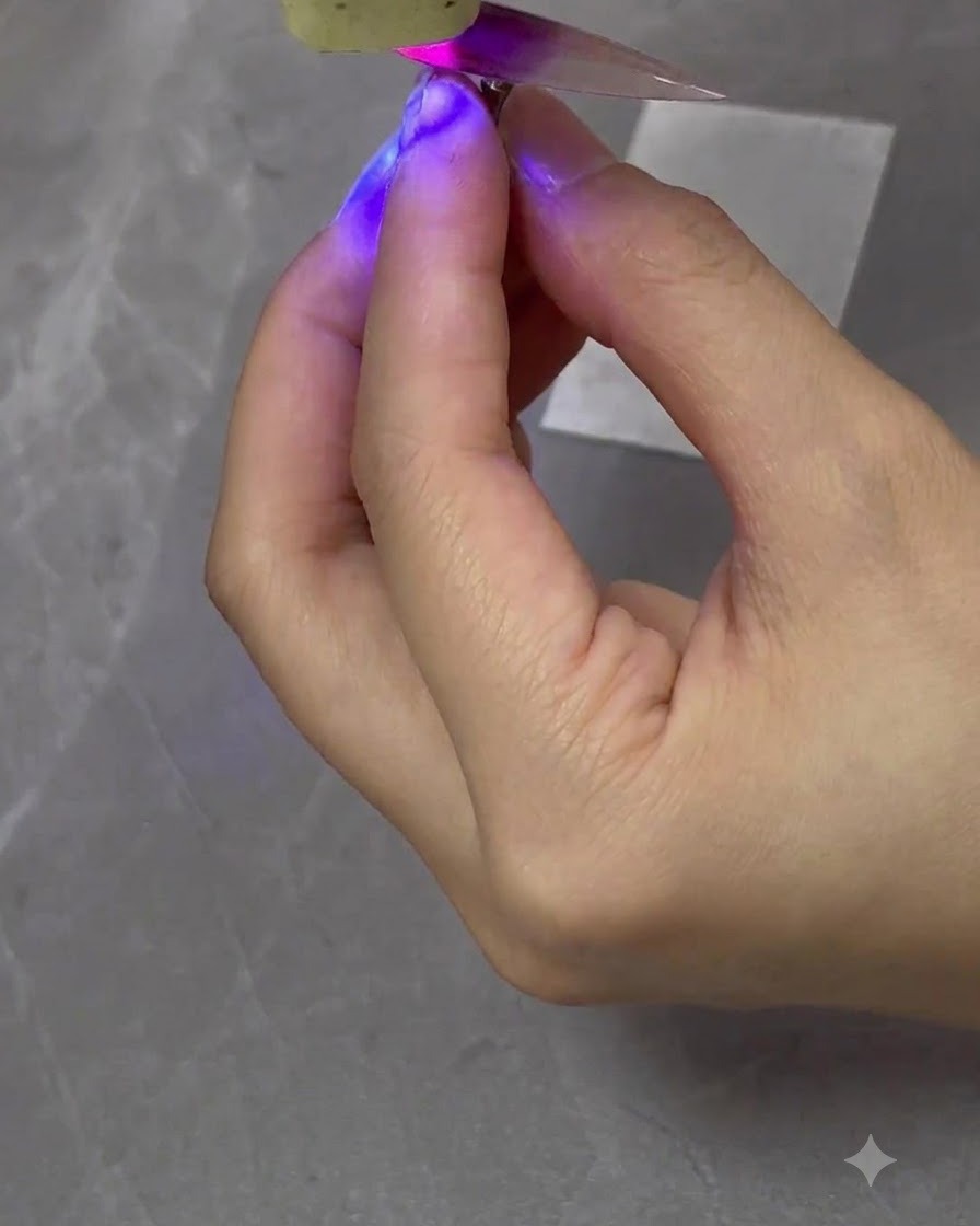 Eine Mini-UV-/LED-Lampe mit lilafarbenem Ton härtet eine verlaufslackierte Nagelspitze aus, die von Hand gehalten wird.