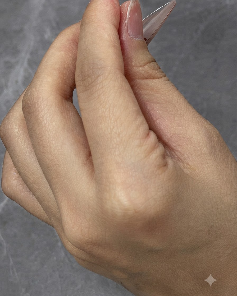 Nahaufnahme des Auftrags von Topcoat auf die Unterkante einer fertigen Nagelverlängerung.