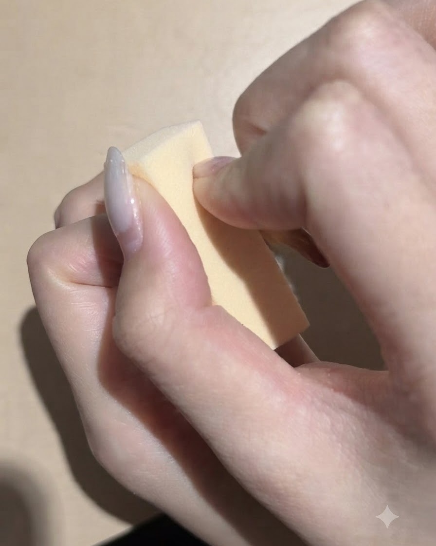 Sosteniendo una pequeña esponja de maquillaje mientras se aplica pigmento negro oscuro para un degradado de uñas.