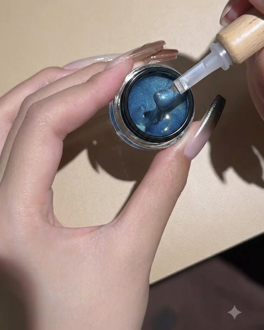 Un pincel aplicando gel azul de ojo de gato sobre una uña desde un frasco.