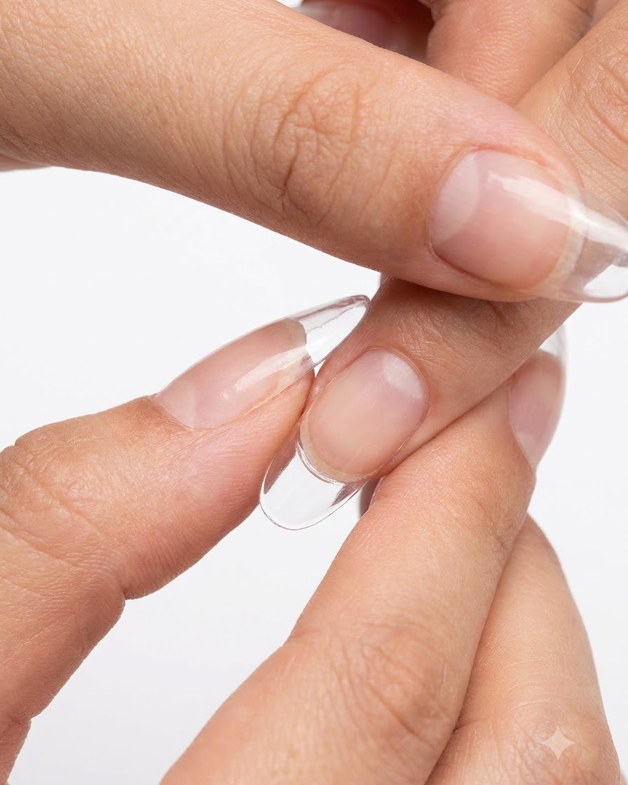 Una mano retirando un molde transparente de una uña recién curada y extendida.