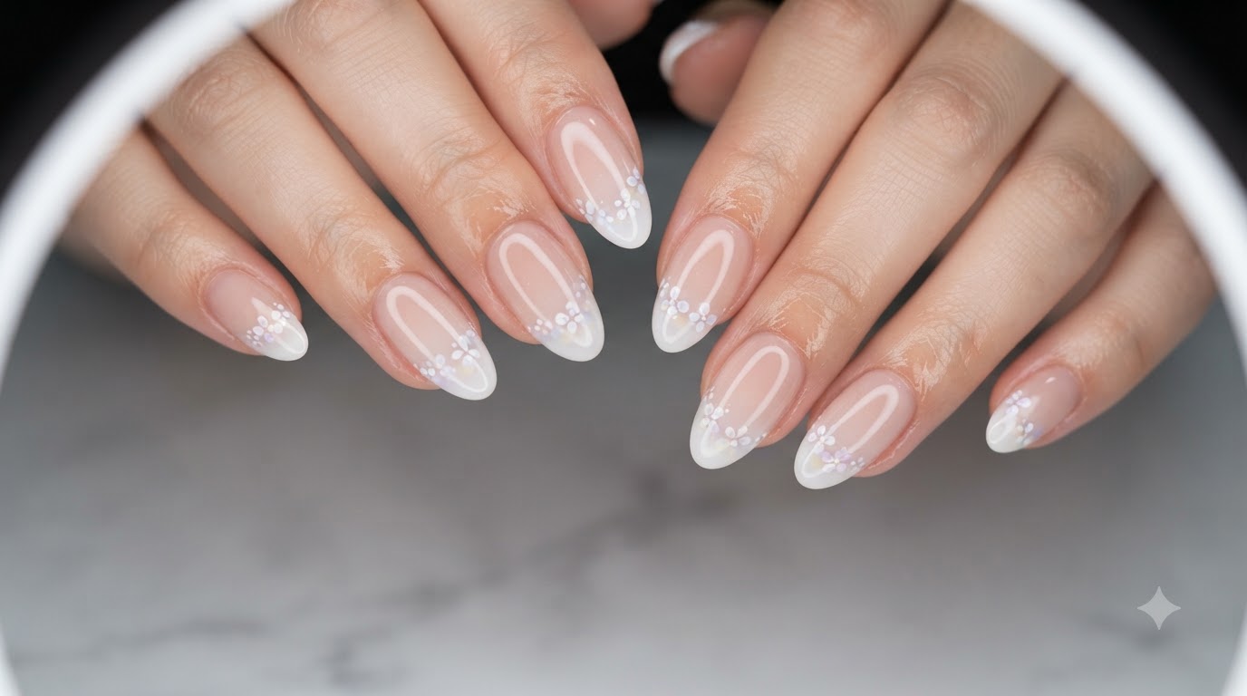 Uñas de gel nude con degradado y flores hechas a mano y corrección de uña descendente